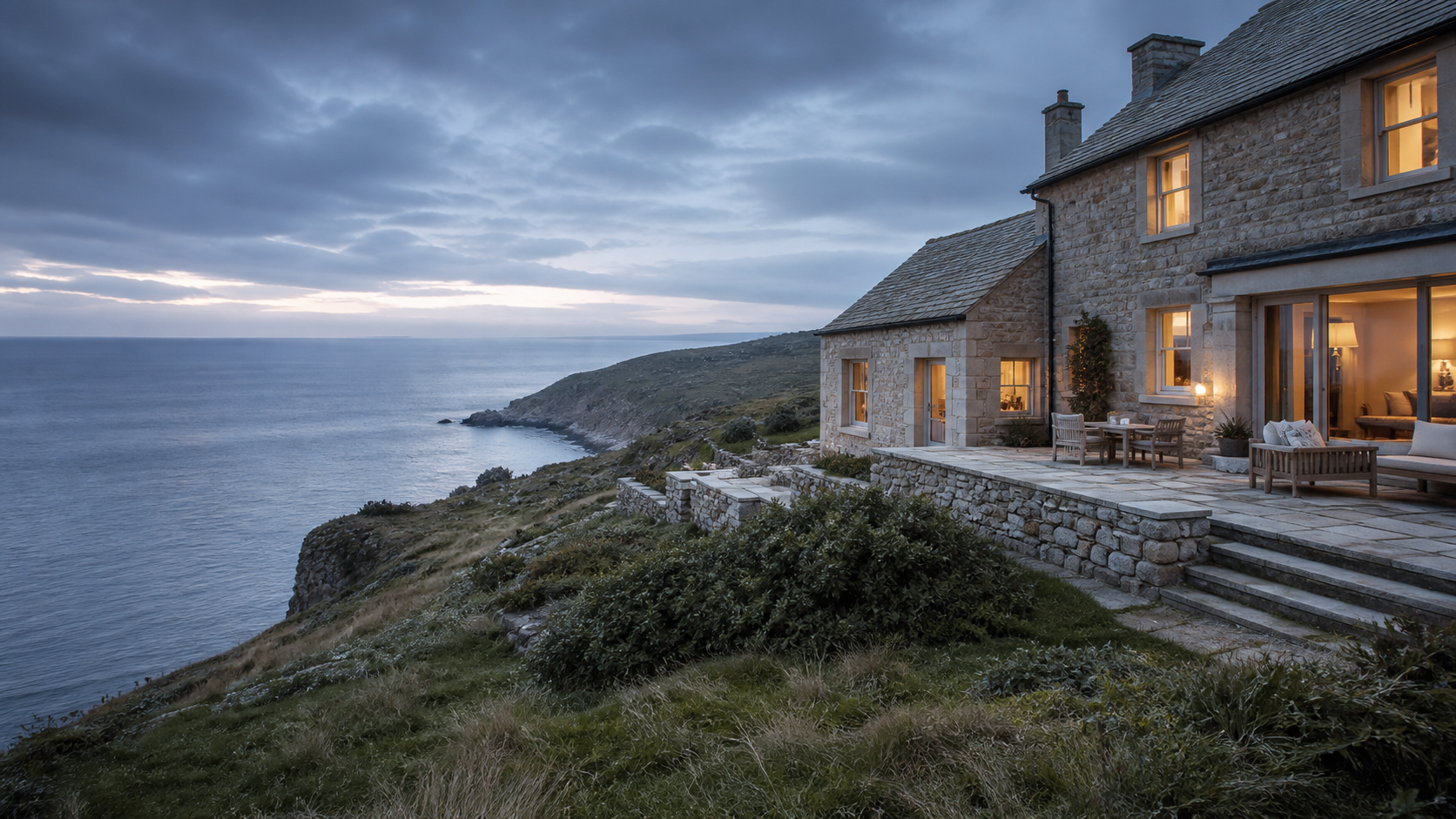 A premium stone holiday home overlooking the British coast at blue hour