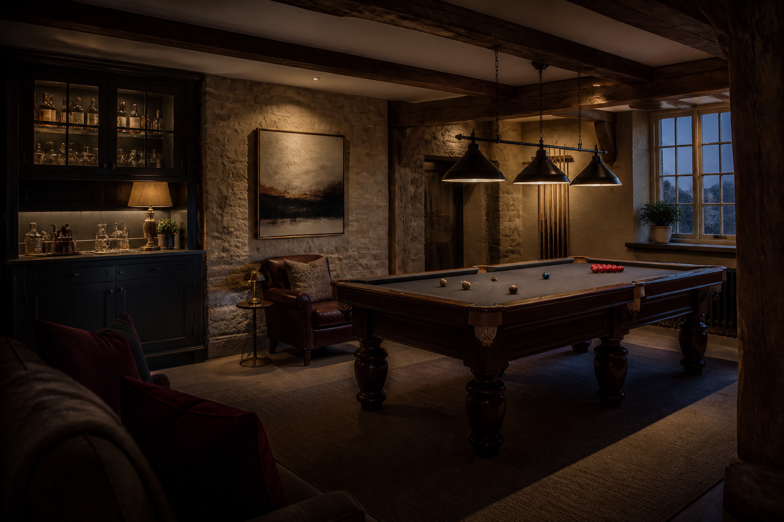 Luxury British country-house games room with a billiards table