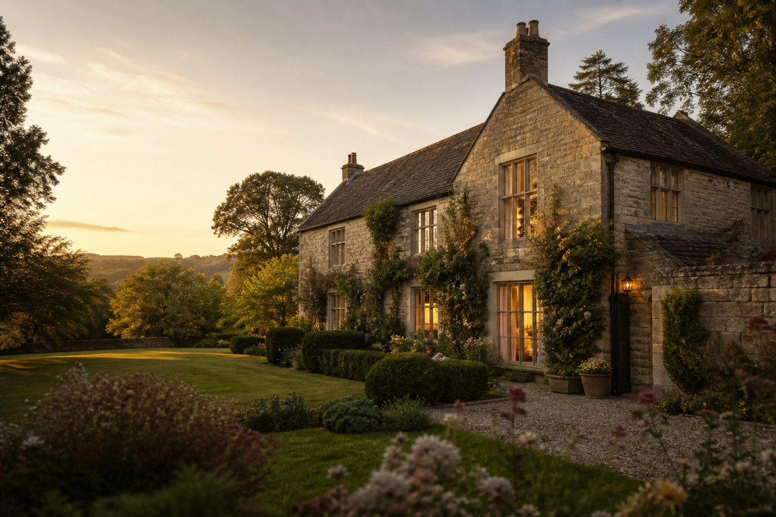 Characterful British stone holiday property in warm evening light