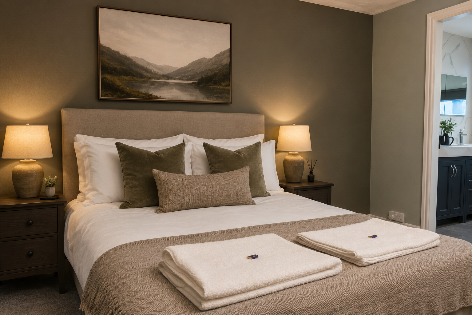 Hycemoorside House principal bedroom styled with layered linens, warm lighting and prepared guest towels